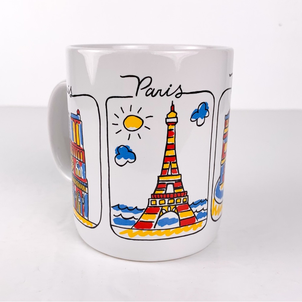 Vintage Paris souvenir mug with Eiffel Tower, Arc De Triomphe, red yellow & blue